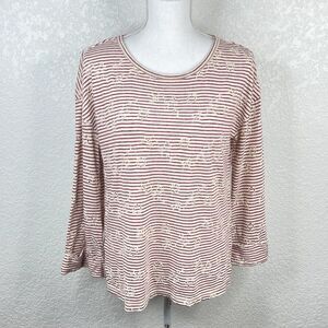 Lucky Brand Red Cream Striped Floral Embroidered Cutout Cuffed Long Sleeve Top M